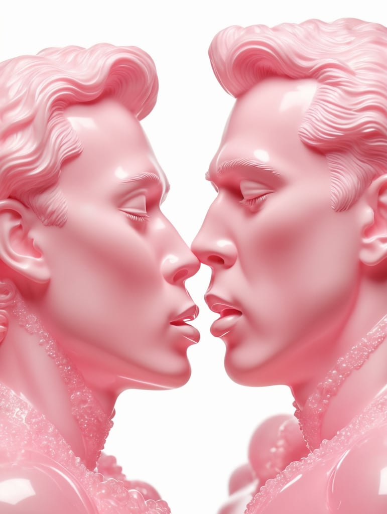 Kiss Art: Two pink translucent wax figures kissing each other, isolated, pink background