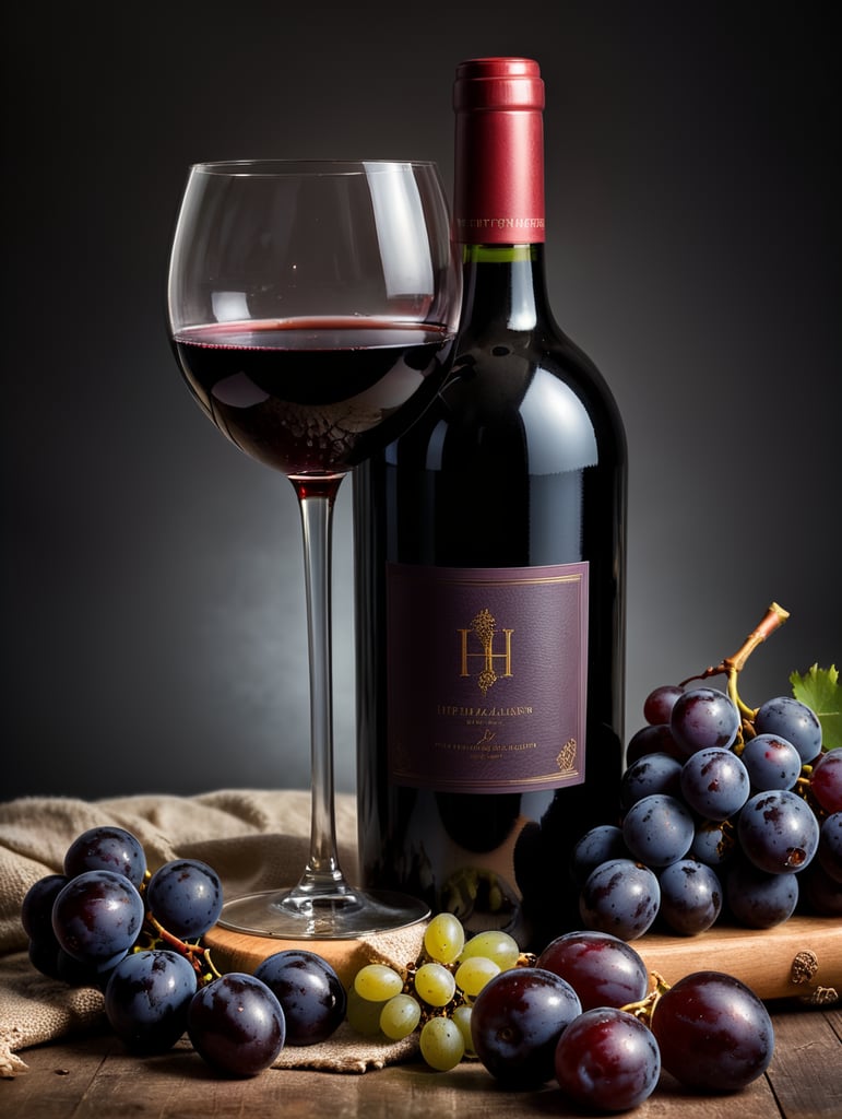 wine bottle with glass of dark red wine, grapes