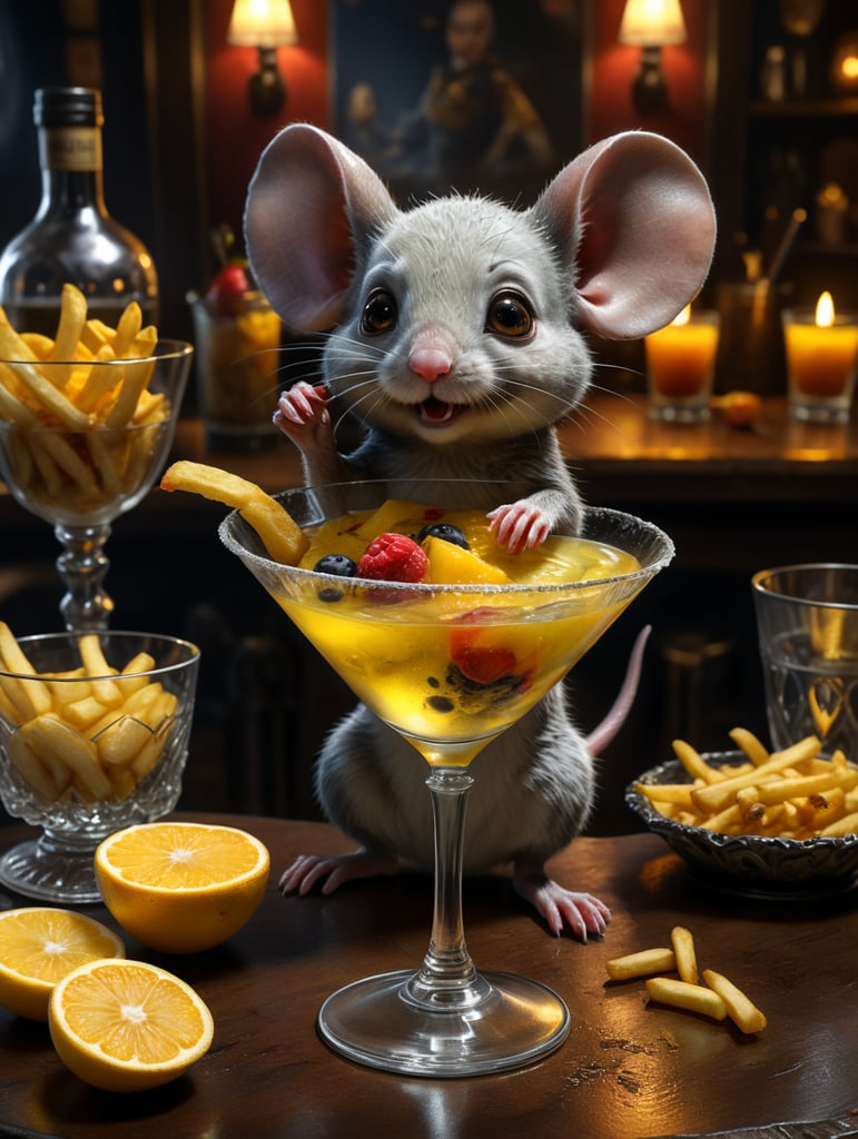 inside of a martini Glass a close up of a little cute mouse martini glass sniffing on it, the Glass is standing on a bar table full with fruit cake and french fries, dark fantasy concept art, the walls cashmere yellow and pulsing, background of resident evil game, nocturnal palette, gothic wearing, slightly dark colors, gothic clothing, realms, vidid snowwhite yellow silver red colours