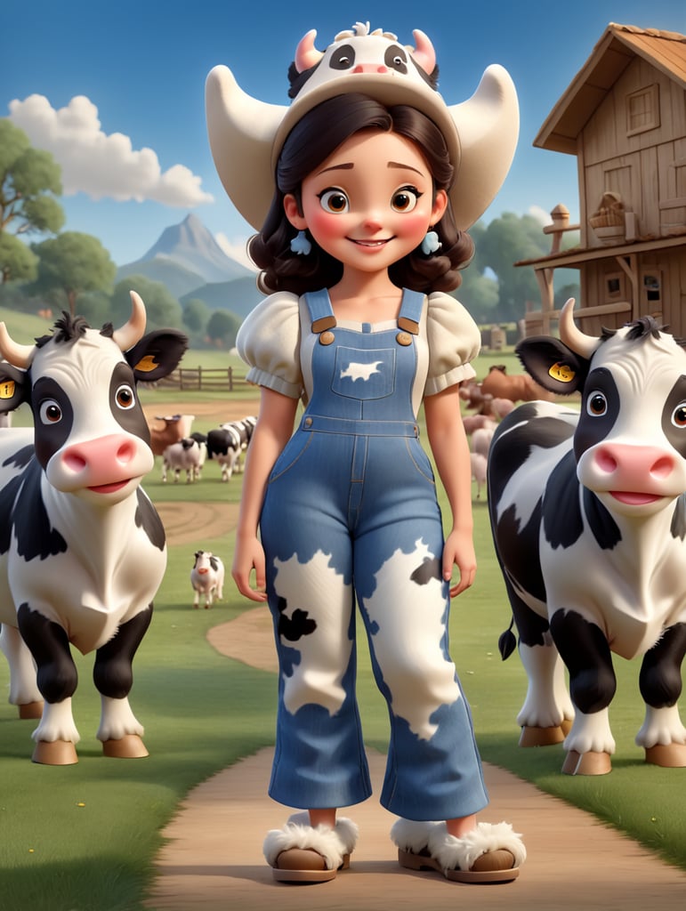 Draw a happy young woman wearing furry slippers on her feet that look like small holstein cows. The woman wears a large cowbow hat and denim overalls, and is standing in a barnyard with cows shown in the background.