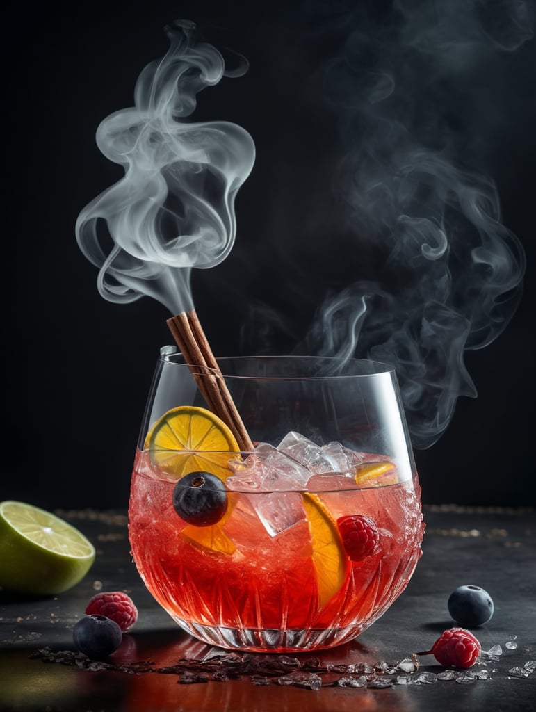 gin cocktail with a dried slice of fruit, smoke, professional food photography, depth of field,