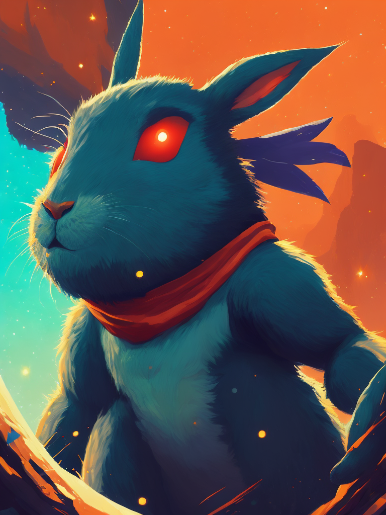 Photo of a rabit monster in the space, style of laurie greasley, studio ghibli, akira toriyama, james gilleard, genshin impact, trending pixiv fanbox, acrylic palette knife, 4k, vibrant colors, devinart, trending on artstation, low details