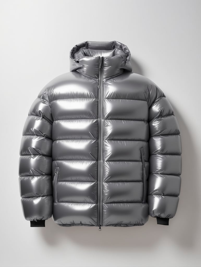 Inflatable chrome minimalist man's puffer jacket, transparent, isolated, grey background, mockup