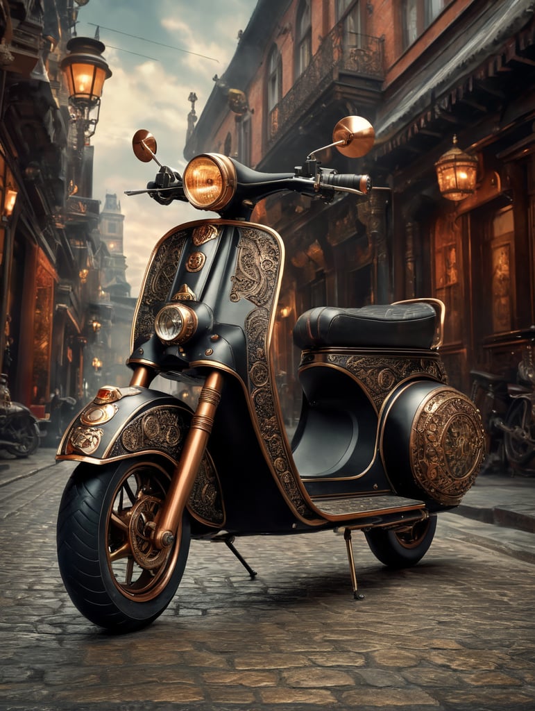 A stunning interpretation of vintage extreme scooter, made of black leather, advertsiement, steampunk, highly detailed and intricate, hypermaximalist, bronze ornate