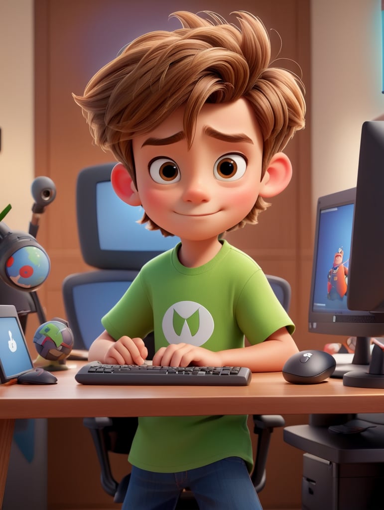 boy disney pixar style, light brown hair, in desk with computer