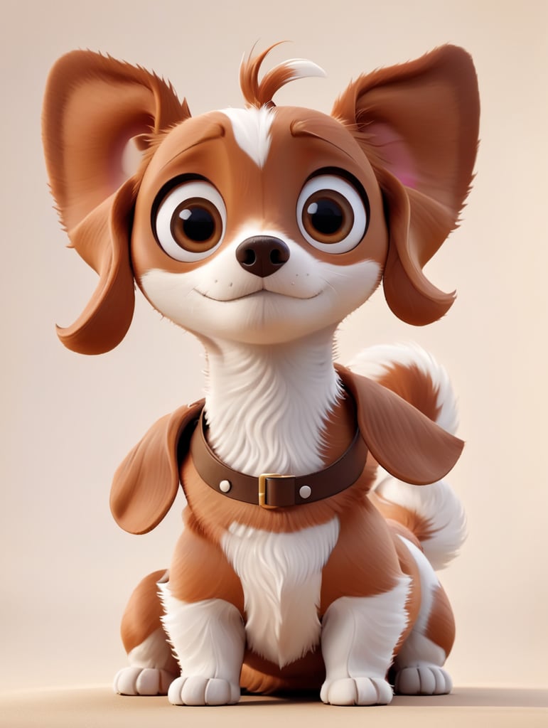 A brown and white dachshund with big eyes in the style of a Pixar movie character