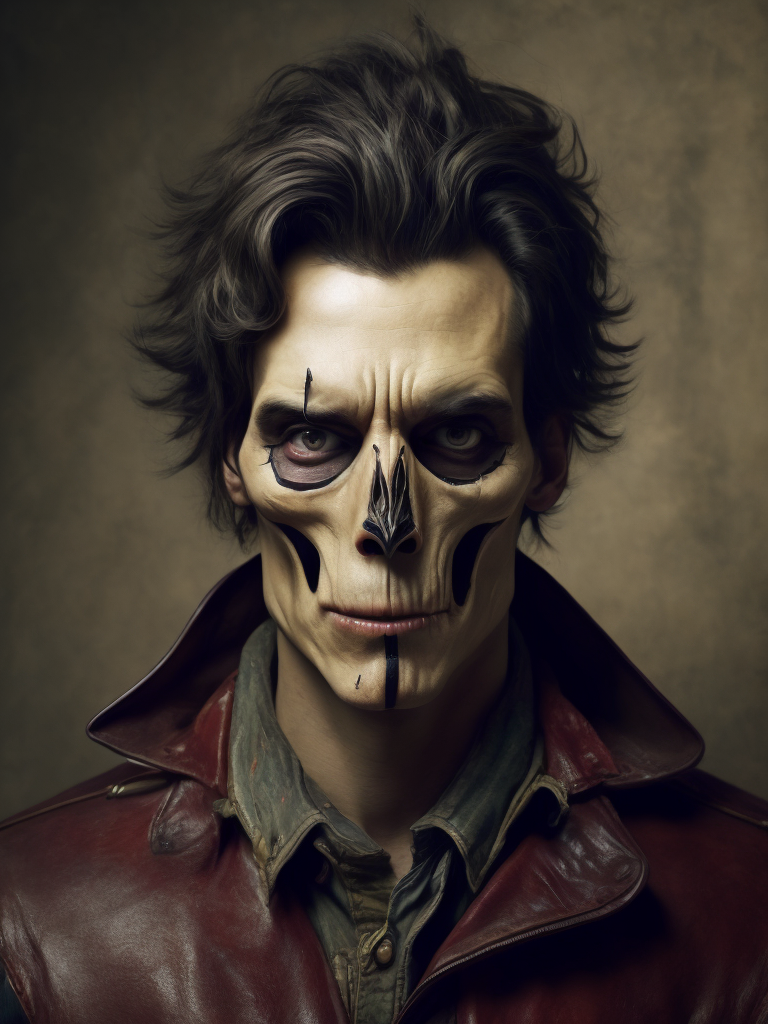 the man with a hollow face and a metallic jaw, in the style of realistic still lifes with dramatic lighting, gothpunk , made of torn latex, dark conplementary colors, photographically detailed portraitures, cynical, macabre, theatrical gestures