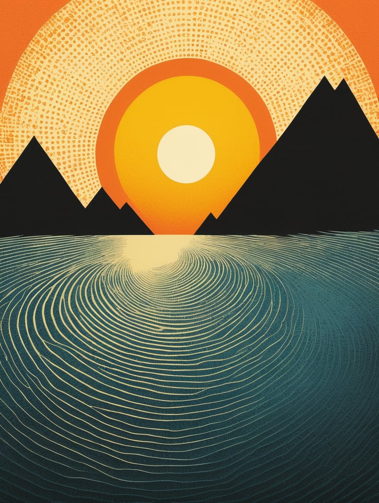 Sun profile + halftone pattern + editorial illustration of the memento morti + higly textured, genre defining mixed media collage painting + fringe absurdism + award winning halftone pattern illustration + simple flowing shapes + subtle shadows + paper texture + minimalist color scheme + inspired by zdzisław beksiński.