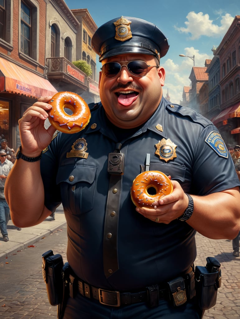 very fat cop eating a donut, happy, sunglasses, image, portrait