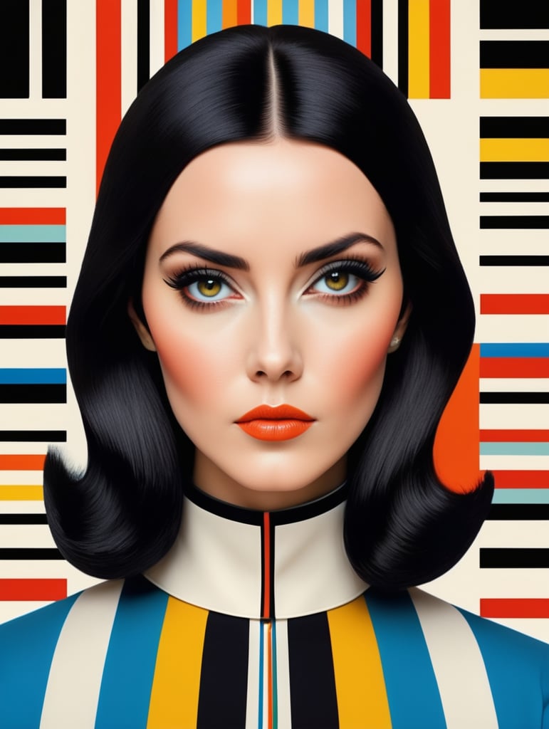 70's fashion portrait cover magazine vogue luxury vintage retro future sharp theme color wes anderson style Portrait of a woman with black hair, style of Yaacov Agam