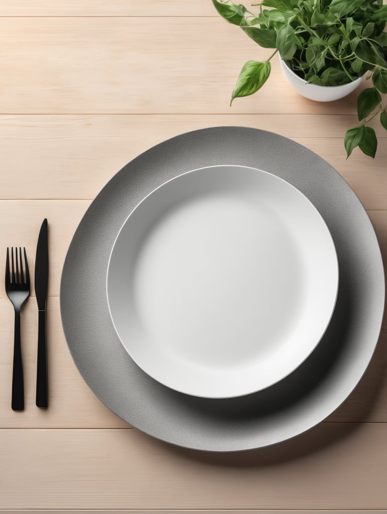 modern kitchen table, empty plate, mockup