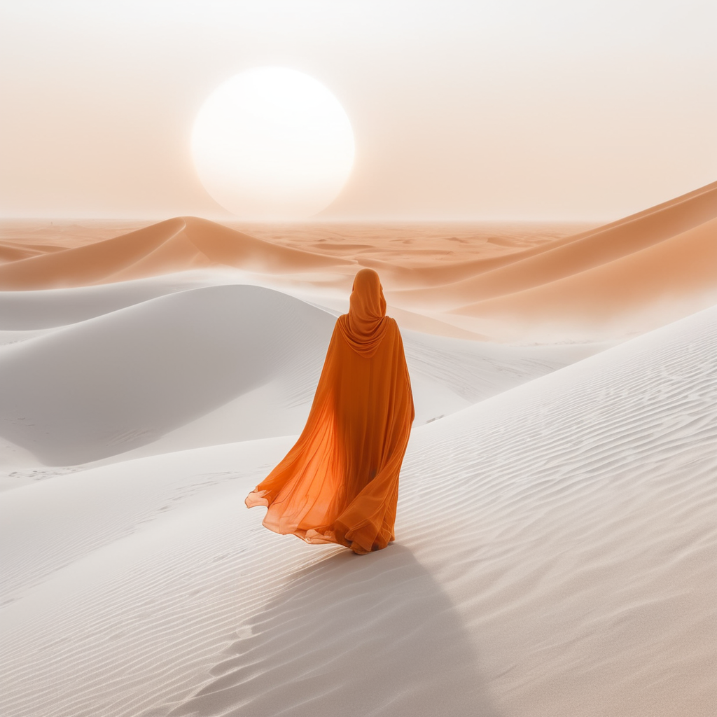 view from behind(((ethereal misty orange cloaked woman figure))), clad in light tones, advancing through a (((dunescape))) under a (glowing, ethereal full moon), with (vast, silvery sand dunes) reflecting an otherworldly light around its surroundings, abstract art