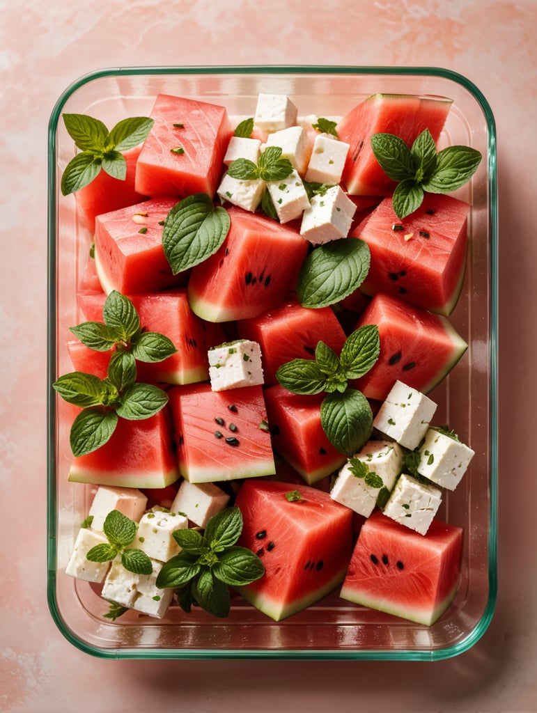 Watermelon Salad with Feta and Mint in a transparent plastic tray, top view, isolated, mockup