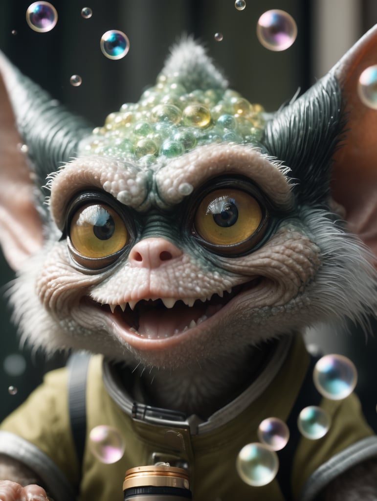 Medium close-up, leica portrait of a gremlin holding bubbles, coded patterns, sparse and simple, uhd image, urbancore, sovietwave, period snapshot, realistic photo, 4k realistic photo