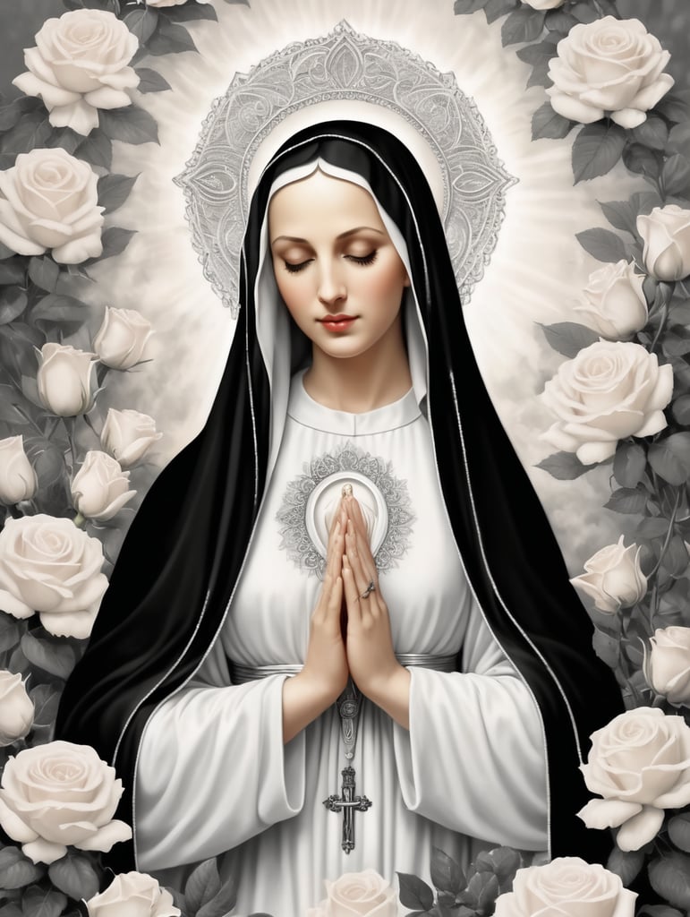 virgin mary holding a roseary with rose in background, black and white