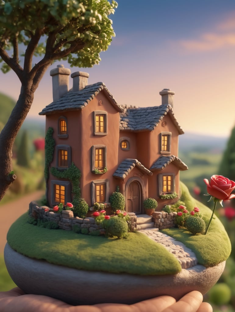 Mini, super cute clay planet, stop motion animation, happy little prince, hand holding roses, healing, house, relaxing countryside scene, panned photography, excellent lighting, landscape, brush rendering, 3d, super detail