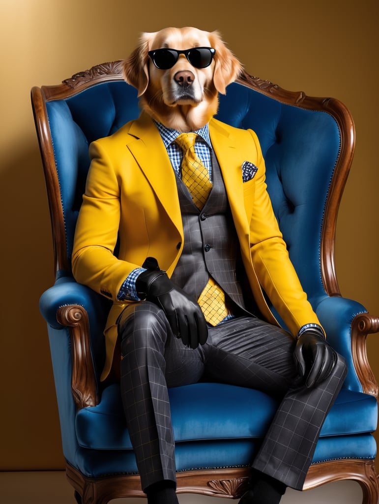 a sleek looking golden retriever, sitting on a tufted blue velvet chair with, bright yellow background, wearing an expensive 3 piece checkered suit, with very large dark sunglasses, hands in lap, full body with black shiny shoes, black leather gloves, black leather shoes, facing front, super crisp, photographic canon 80d, daylight, bold, fantastic