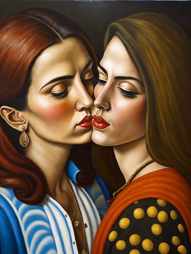 a two women kissing, style of Catherine Nolin, Painting, Acrylic, Oil, Portrait, Interior, USA