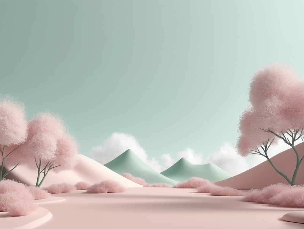 Abstract minimal advertise. dreamy landscape. 3D render copy space spring mockup, Cannon 5D, photorealistic, natural and pastel color, studio photography, studio lightening, HD, hyper realistic