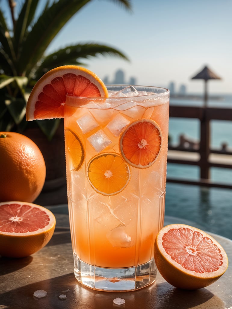 Grapefruit juice cocktail, with ice cubes in the glass and a salt rim, amazing photo, very realistic, elegant and tasty, photography, condensation, f2.8, 50mm lens, intricately detailed, 8k, cinematic production, highly detailed, highly realistic, sunny mexico in the background