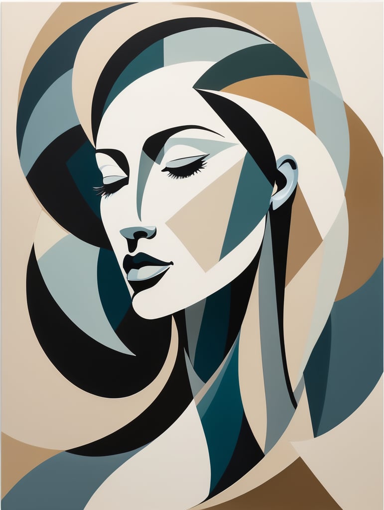 Create an abstract portrait of a woman, blending the flowing simplicity of a silhouette with the geometric fragmentation of Picasso's style. The figure is minimal yet expressive, defined by bold, sweeping lines and fragmented shapes that capture the essence of her form without full detail. The portrait combines smooth curves with sharp angles, playing with proportions and perspective to evoke a sense of emotion and depth. Elements of abstraction swirl around the silhouette, enhancing the dynamic tension between softness and sharpness, light and shadow. The result is a unique fusion of fluidity and geometry, creating a powerful, contemporary interpretation of femininity.