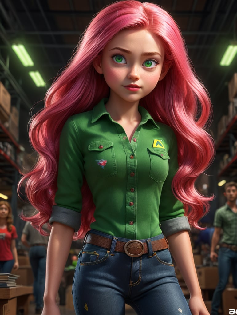 3D pixar poster, a girl with a long pink hair, green eyes wearing red shirt and jeans
