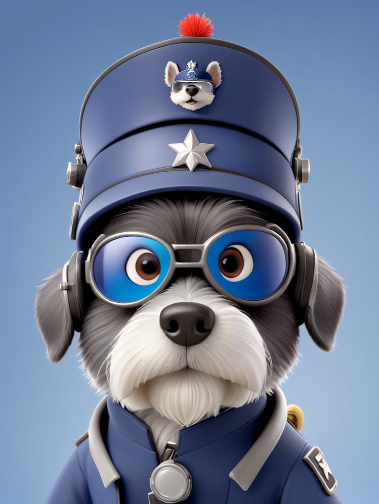 schnauzer dog with pilot goggles and a hat.