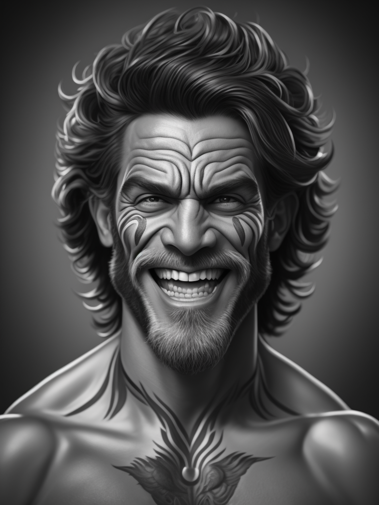 A vector art of a gentle and smiling Hercules head tattoo, black and white