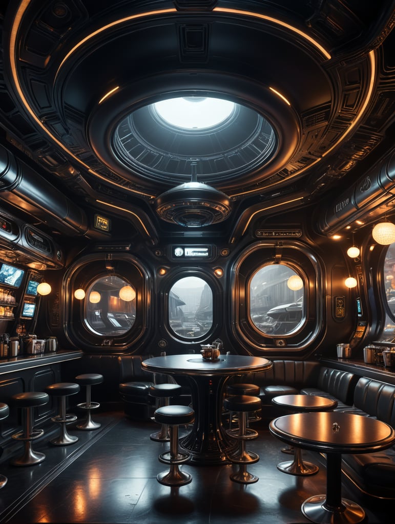 Futuristic interior of UFO cafe. Alien interior, black tones