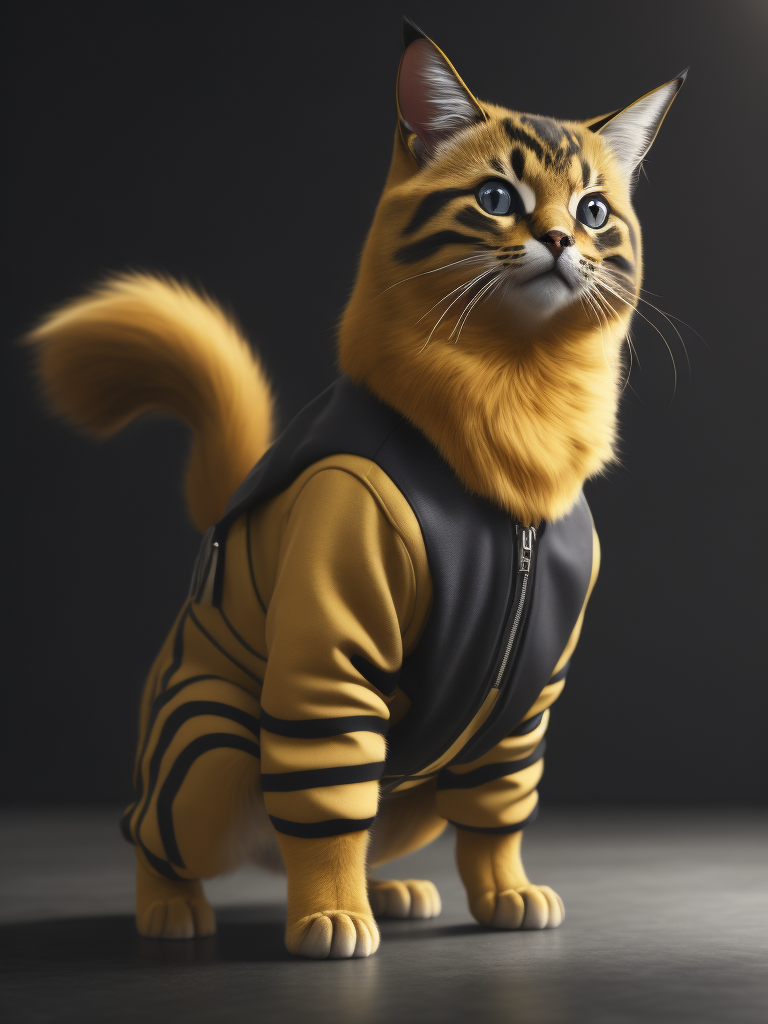 Photorealistic image of a Cat that looks like pikachu in a jumpsuit