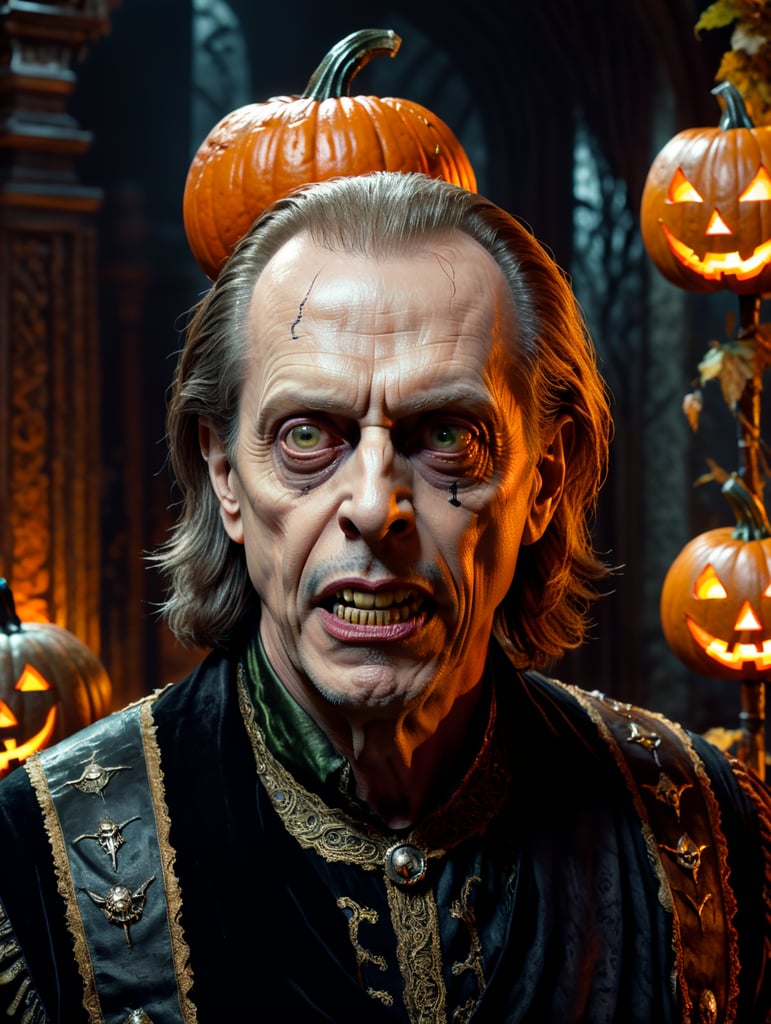 Steve Buscemi Halloween style, full-height picture, scary Halloween costume, creepy