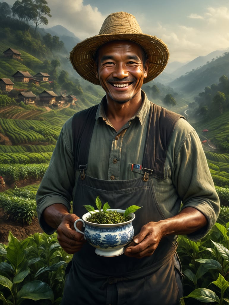 a smiling tea farmer holding tea in his hands