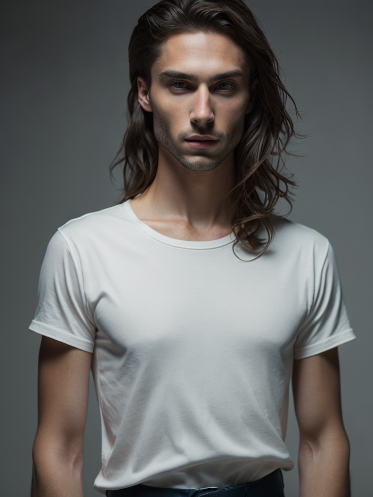 a torso of a man wearing a white t-shirt, front view, grey background