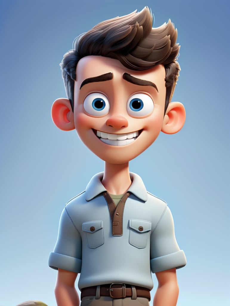 a young boy adventurer, creative, and kind-hearted person with dark hair, blue eyes, a small nose, and a smiling mouth, standing centered in 3D style, rendered using, Pixar style.