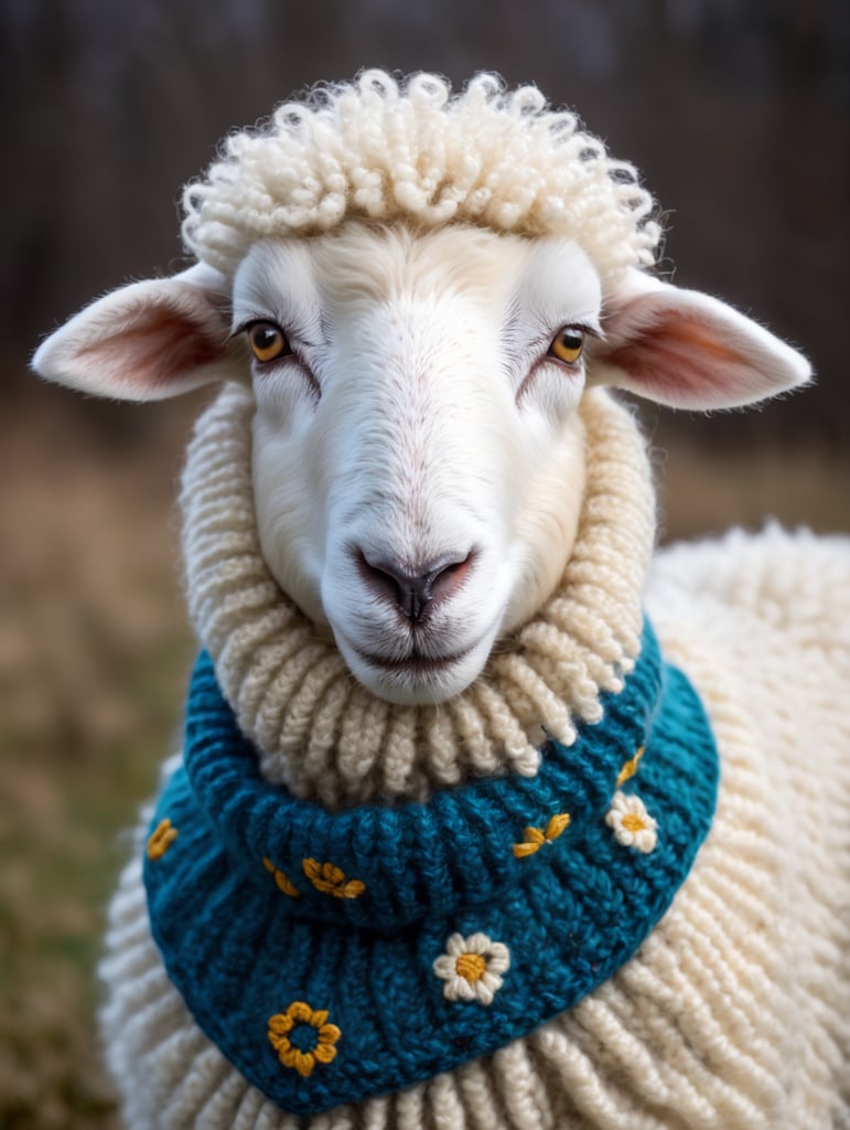 a white sheep wearing very hirsute crocheted sweaters for sheeple, portrait