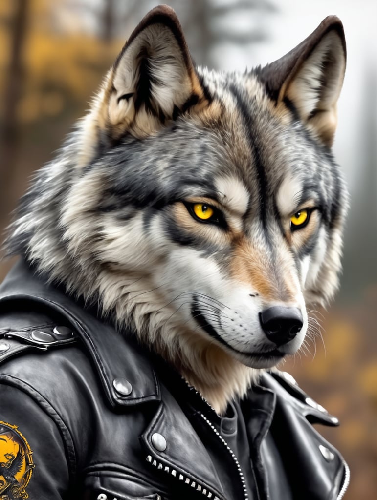 realistic gray wolf yellow eyes with rocker tattoos wearing a biker leather jacket