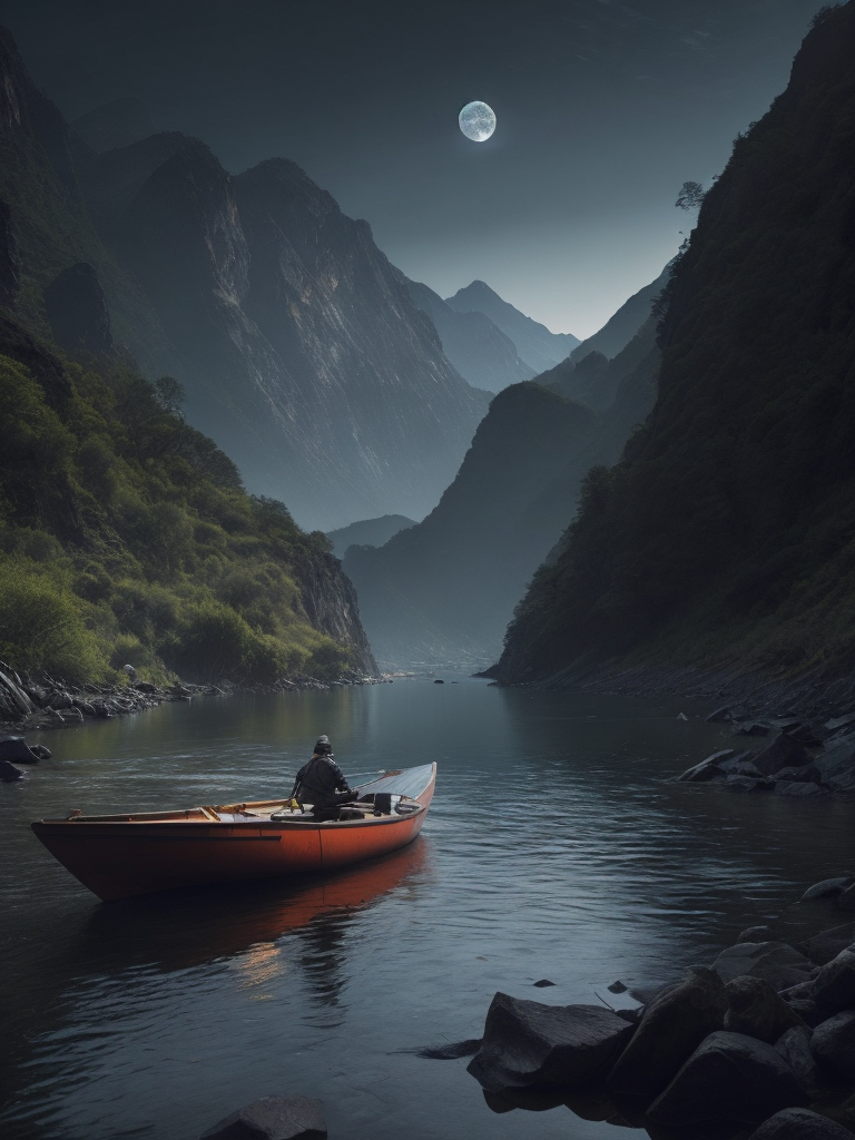 A beautiful river on the moon at dusk. the river is flowing across the moon mountain and a boatman is rowing a boat on the river. the earth is visible in the sky. hyper realistic, real, detailed, exact descriptions.