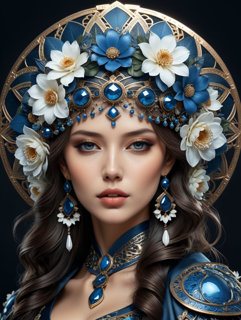 A woman in black and blue hat with flower crowns, in the style of luxurious geometry, in the style of feminine sticker art, metallic finishes, dark azure and white, hyper-realistic pop, bronze and blue, limited color range —style raw