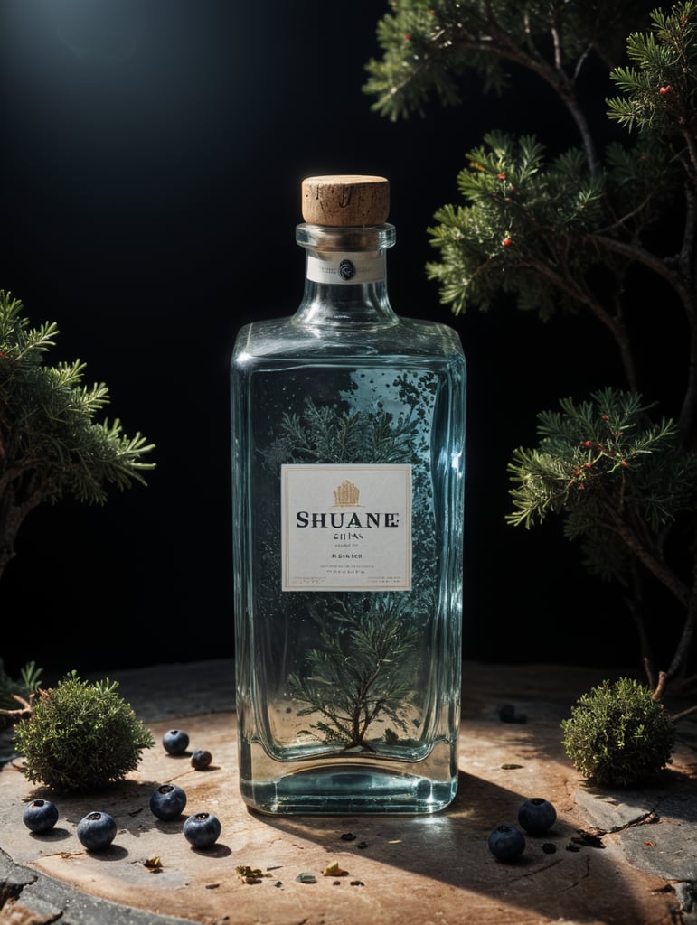 professional photography of a square gin bottle, square bottle, surrounding a juniper and juniper berries, one shot of gin in a front, no label, clear, mockup