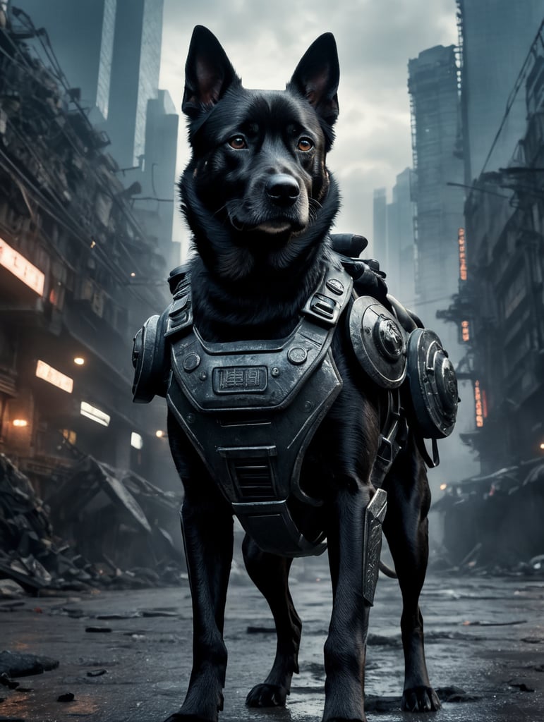 A futuristic dog warrior, in a post apocalyptic cityscape in tokyo