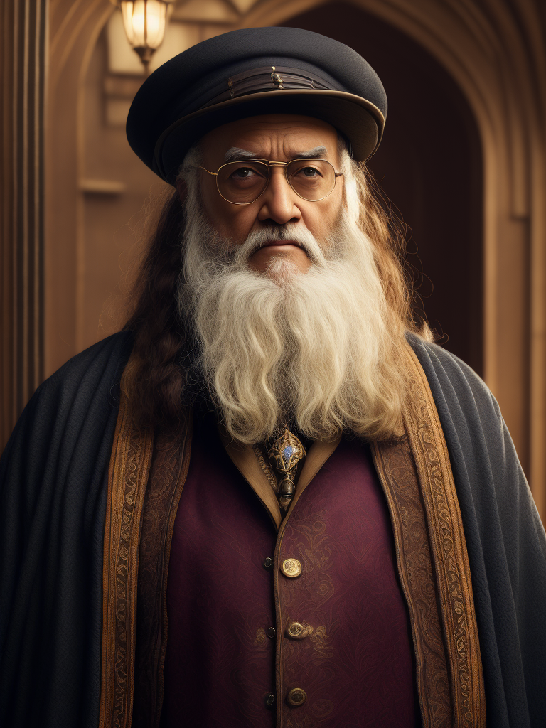 Professor dumbledoor in a Bollywood outfit in a photo realistic styled illustration