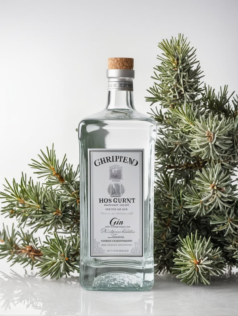 professional photography of a square gin bottle, square bottle, surrounding a juniper and juniper berries, one shot of gin in a front, no label, clear, mockup