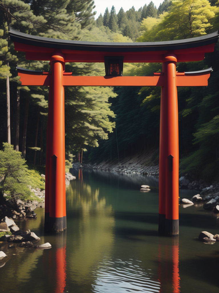 Red torii gate in middle of a lake, Dense forest on the edge of the lake, Bright and saturated colors, Japanese culture, photorealistic, contrast light