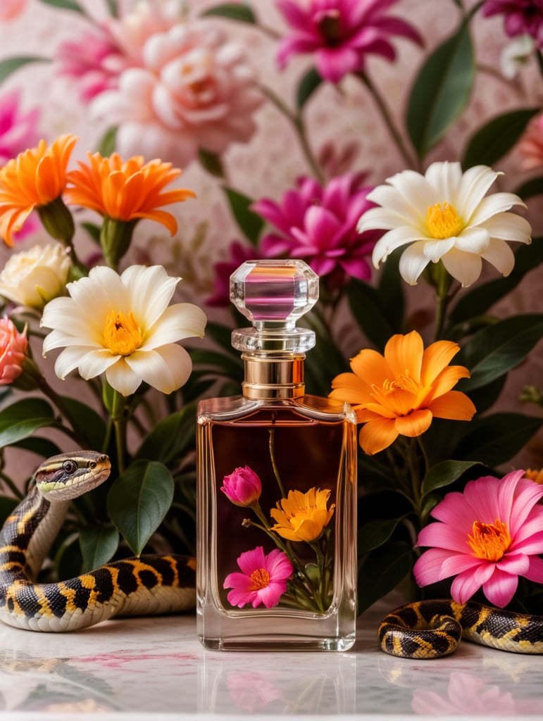 minimalistic perfume bottle, snake next to the bottle In front of a neon colored Floral wallpaper with many colored flowers