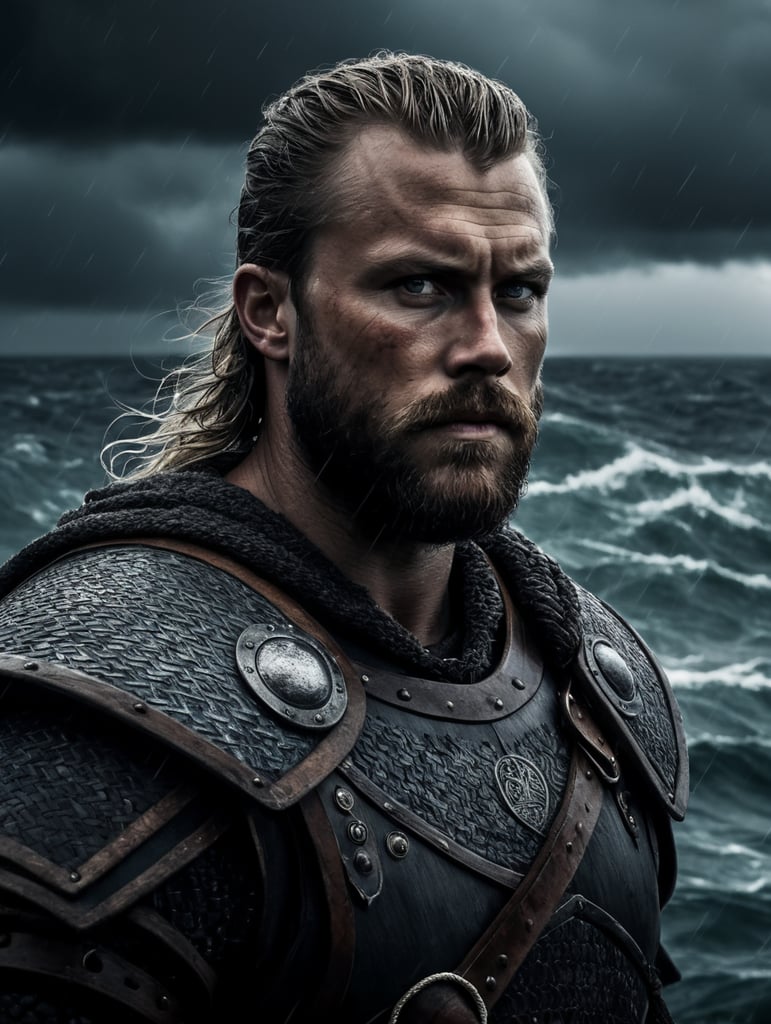 A portrait of viking warrior at the boat in the ocean, stormy weather