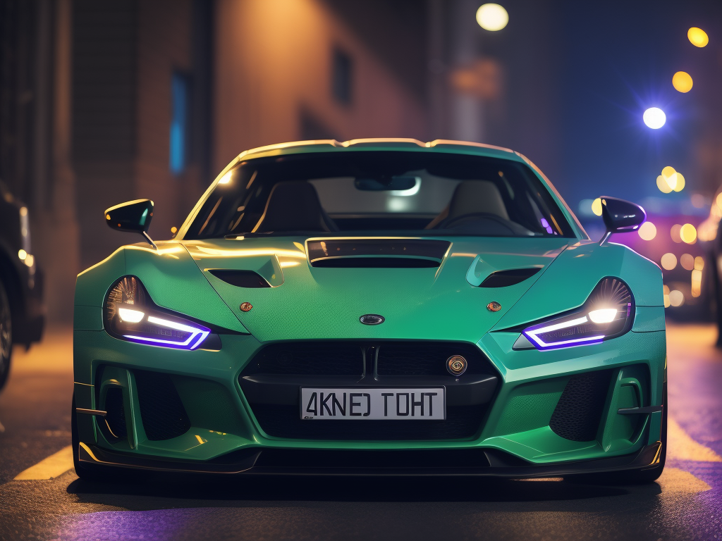 "Blue, green, and purple glowing sports car in the style of 64k UHD. Featuring intricate pattern designs, a cute and dreamy aesthetic, city background, and captivating details with an intense level of ultra-detailed precision."