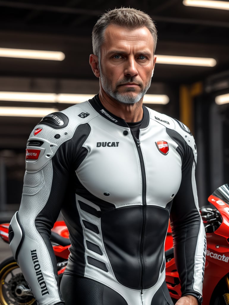 40 year old white man, serious, eye level front view, arms crossed, in a motorspeed track, a Ducati motorcycle close to him, he is resting after a race, wear just a tech baselayer undersuite