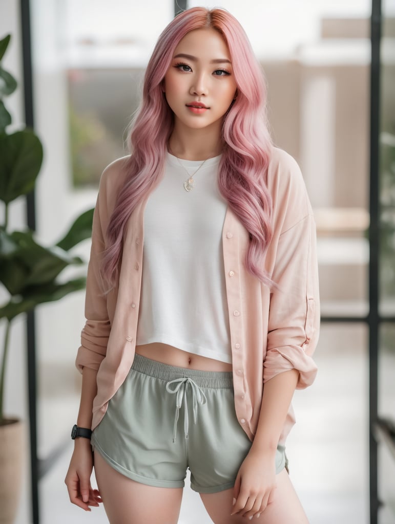 (full body portrait:1.3),dynamic pose,1girl,asian,pale skin,long pink hair,delicate face,heterochromia eyes,freckles,(oversized clothes:1.3,gym shorts:1.3),(thigh gap:1.3,thighs:1.3,one hip up:1.3,barefoot:1.3),white background,(best quality:1.2,ultra-detailed,realistic:1.37),soft colors,polished lighting