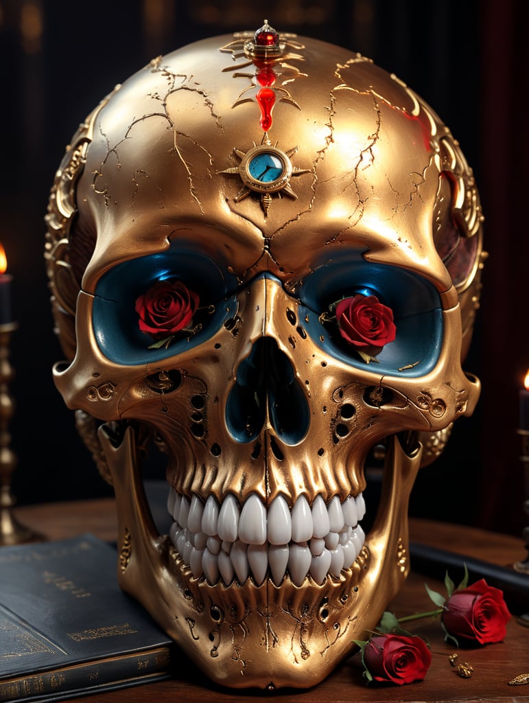 a skull and a a hourglass (Sanduhr) made with skull and sand inside, little sand remaining on top, black and red candles in room, black and red roses on the table, open book next to the hourglass, hyperdetailed, hyperrealistic, sharp focus, , Infrared, raining heavily, digital art. hyperdetailed by fluid lines background and fluid lines inside of the skull by artist "symmetrymeticulously detailed dramatic atmospheric maximalist digita unforgettable, impressive, breathtaking beauty, Volumetric light, auras, rays, vivid colors reflects, by jules verne