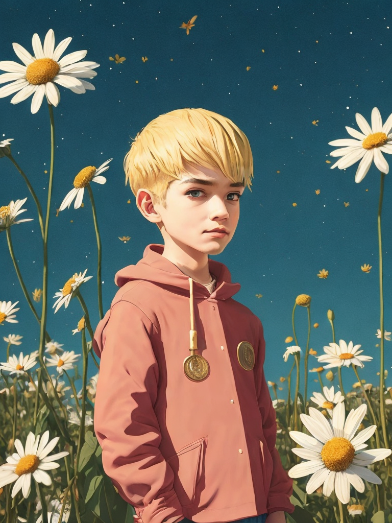 a cartoon boy, in the style of light gold and pink, , studyblr, fanciful costume design, grainy, kawaii, francis davis millet, a stamp with a big field of daisies on it, in the style of lo-fi aesthetics, realistic scenery, realistic blue skies, minimalist landscapes, framing, flickr, y2k aesthetic